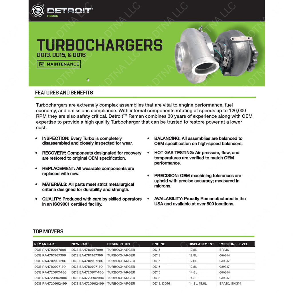 DDE RA4710968699 REMAN TURBOCHARGER, DD13, EPA10, 12L, WG