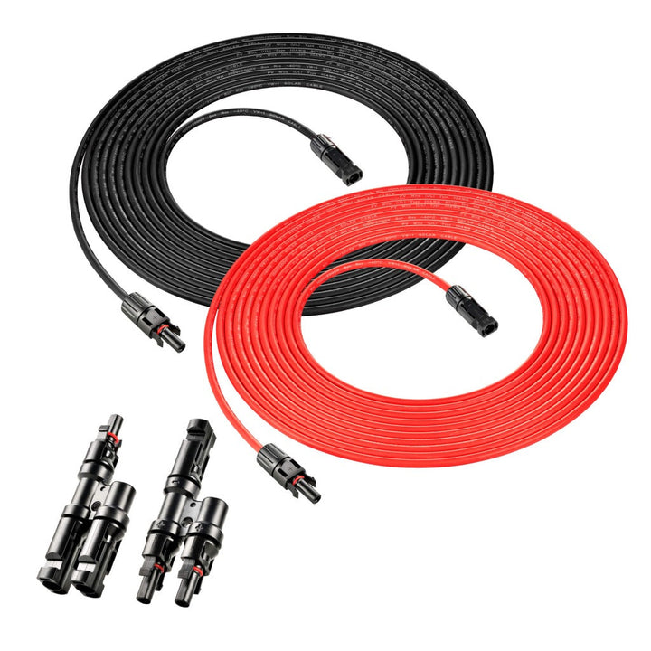 RS-50102T2 10 Gauge Solar Panel Extension Cable with Male and Female Solar Connector Ends (50 Feet Red & Black (Set) + Parallel Connectors)